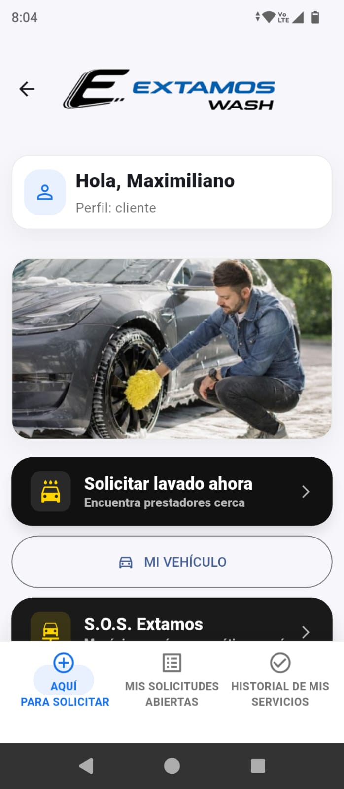 Pantalla de inicio de Extamos Wash Cliente
